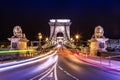 Night view of the famous Chain Bridge in Budapest, Hungary. The Royalty Free Stock Photo