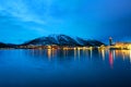 Night view of famous north town Tromso, Norway. View of the fjord Royalty Free Stock Photo