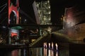 Night view at the famous red bridge and Museo Guggenheim museum in Bilbao, Basque Country, Spain Royalty Free Stock Photo