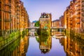 Night view of the famous water castle in the Speicherstadt warehouse district in Hamburg, Germany