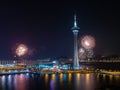 Night view of the fireworks over Macau Tower Convention and Entertainment Center Royalty Free Stock Photo