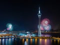 Night view of the fireworks over Macau Tower Convention and Entertainment Center Royalty Free Stock Photo