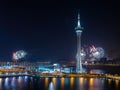 Night view of the fireworks over Macau Tower Convention and Entertainment Center Royalty Free Stock Photo