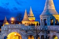 Night view of Fisherman`s Bastion on Buda bank of the Danube river. Castle hill, Budapest, Hungary