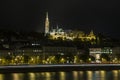 Night view of the Fisherman`s Bastion and Matthias Church on the banks of the Danube river in Budapest. Hungary Royalty Free Stock Photo