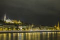 Night view of the Fisherman`s Bastion and Matthias Church on the banks of the Danube river in Budapest. Hungary Royalty Free Stock Photo