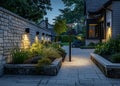 Night View Of Flowerbed Illuminated By Energy-Saving Solar Powered Lantern On Courtyard. Beautiful Small Garden Light Royalty Free Stock Photo