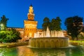 Night view of a fountain in front of Castello Sforzesco in Milano, Italy Royalty Free Stock Photo