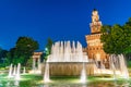 Night view of a fountain in front of Castello Sforzesco in Milano, Italy Royalty Free Stock Photo
