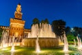 Night view of a fountain in front of Castello Sforzesco in Milano, Italy Royalty Free Stock Photo