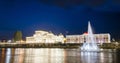 Night view of fountain in river Vardar with National theater, Skopje Royalty Free Stock Photo