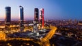 Night view of the four towers of the business district in Madrid. Royalty Free Stock Photo