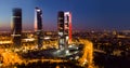 Night view of the four towers of the business district in Madrid. Spain Royalty Free Stock Photo