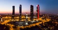 Night view of the four towers (Cuatro Torres) of the business district in Madrid. Spain Royalty Free Stock Photo