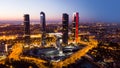 Night view of the four towers - Cuatro Torres of the business district in Madrid. Spain Royalty Free Stock Photo
