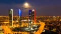 Night view of the four towers of the business district in Madrid. Spain Royalty Free Stock Photo
