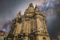 Night view of Frauenkirche Lutheran Cathedral in Dresden against the starry sky Royalty Free Stock Photo