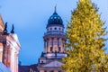 Night view of French Cathedral and Christmas market in the Gendarmenmarkt Berlin, Germany, the church erected for French Huguenots Royalty Free Stock Photo