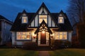 night view of a front gable on a tudor house under warm exterior lighting