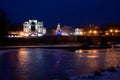 Night view of frozen Uzh river, Uzhgorod,winter time, Ukraine