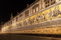 Night view of the FÃÂ¼rstenzug Procession of Princes painting on the wall outside of the Dresden Castle Residenzschloss in