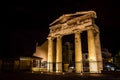 Night view of the Gate of Athena Archegetis located at the Athens Roman Agora