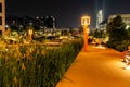 Night view of the Gene Leahy Mall at The Riverfront in Omaha Nebraska USA. Royalty Free Stock Photo