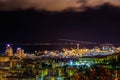 Night view of Genoa city center, buildings, skyscrapers and sea in Genoa, Italy Royalty Free Stock Photo