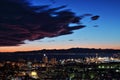 Night view of Genoa city center, buildings, skyscrapers and sea in Genoa, Italy Royalty Free Stock Photo