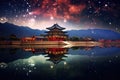 Night view of Gyeongbokgung Palace, South Korea, Gyeongbokgung palace and Milky Way in Seoul, South Korea, AI Generated