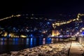 Night view of harbour, fortress and ancient shipyard in Alanya, Turkey. Royalty Free Stock Photo