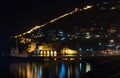 Night view of harbour, fortress and ancient shipyard in Alanya, Turkey. Royalty Free Stock Photo