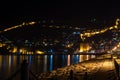 Night view of harbour, fortress and ancient shipyard in Alanya, Turkey. Royalty Free Stock Photo