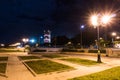 Night view on Hassan tower from the square with lanterns and Flags in Rabat, Morocco. Unfinished mosque minaret Royalty Free Stock Photo