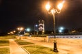 Night view on Hassan tower from the square with lanterns and Flags in Rabat, Morocco. Unfinished mosque minaret Royalty Free Stock Photo