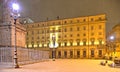 Night view with heavy snowfall on square with Palazzo Chigi Chigi Palace home of the Italian Prime Minister located in Rome, I Royalty Free Stock Photo
