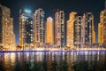 Night view of high-rise buildings of residential district in Dubai Marina. Dubai Marina Towers. Dubai Marina Skyline Royalty Free Stock Photo