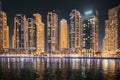Night view of high-rise buildings of residential district in Dubai Marina. Dubai Marina Towers. Dubai Marina Skyline Royalty Free Stock Photo