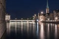 Night view of historic Zurich city center with famous Fraumunster Church Royalty Free Stock Photo