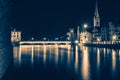 Night view of historic Zurich city center with famous Fraumunster Church Royalty Free Stock Photo