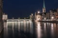 Night view of historic Zurich city center with famous Fraumunster Church Royalty Free Stock Photo