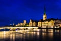 Night view of historic Zurich city center with famous Fraumunster Church and river Limmat in Zurich, Switzerland Royalty Free Stock Photo