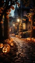 Night view of the house with Halloween decoration. Royalty Free Stock Photo