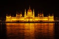 Night view of the Hungarian Parliament building in Budapest. Beautiful lighting and reflection in the Danube river. Royalty Free Stock Photo