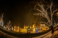 Night view of Hungarian Parliament Building, at Christmas time Royalty Free Stock Photo