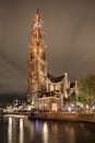 Night view on the iconic Westerkerk in Amsterdam historical Canal belt