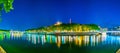 Night view of illuminated basilique de Notre-dame de Fourivere and Saint Georges church in Lyon, France Royalty Free Stock Photo