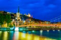 Night view of illuminated basilique de Notre-dame de Fourivere and Saint Georges church in Lyon, France Royalty Free Stock Photo