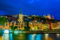 Night view of illuminated basilique de Notre-dame de Fourivere and Saint Georges church in Lyon, France Royalty Free Stock Photo