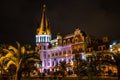 Night view of illuminated Batumi Astronomical Clock Tower building with palm tree Royalty Free Stock Photo